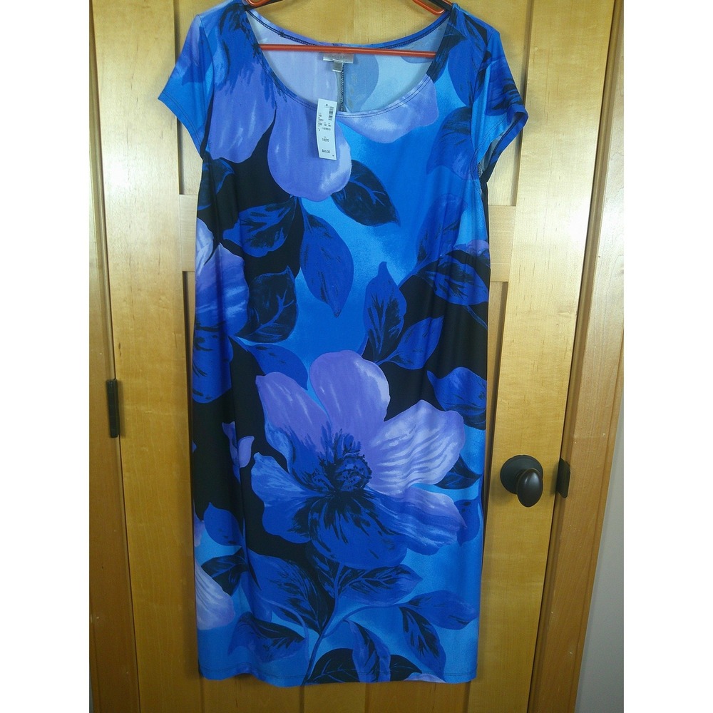 Avenue Women's Plus Size 18/20 Blue Purple Floral Short Sleeve Shift Dress NWT